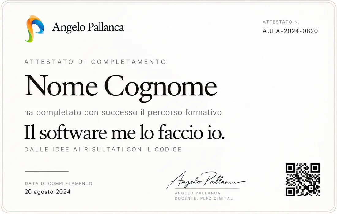 Esempio di attestato di completamento con codice univoco e QR di verifica